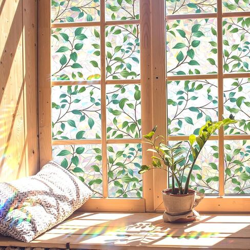 GORGECRAFT 39.4x16.9 Inch Rainbow Window Privacy Film Green Leaves Plant Static Glass Cling 3D Plastic Non-Adhesive Sun Blocking Glass Sticker Prism Stained Window Decals for Room Home in Saudi Arabia