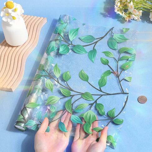GORGECRAFT 39.4x16.9 Inch Rainbow Window Privacy Film Green Leaves Plant Static Glass Cling 3D Plastic Non-Adhesive Sun Blocking Glass Sticker Prism Stained Window Decals for Room Home in Saudi Arabia