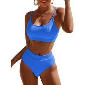 Fanuerg Women's Ribbed High Waisted Bikini Sets Scoop Neck Two Piece Swimsuits Spaghetti Strap Textured Bathing Suit