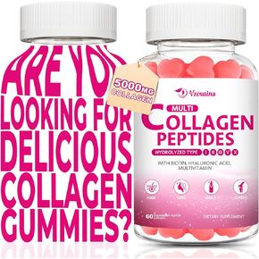 Collagen Peptides Gummies 5000MG, Collagen Gummies for Women & Men, Type I,II,III,V,X Protein with Biotin, Hyaluronic Acid, Vitamin C for Healthy Skin | Strawberry Flavored, Sugar Free, 120 Cts