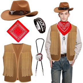 Cowboy Costume Men Western Cowboy Hat Costume for Men with Western Hat Necktie Bracelet Bandana