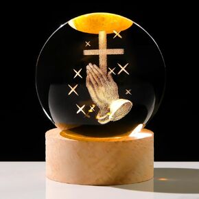 Enjinkail 3D Crystal Crossing Hands Prayer Ball with Wooden LED Base Christian Gifts for Women Men Religious Gifts for Women Men Glass Religious Home Decor Praying Hands Ball