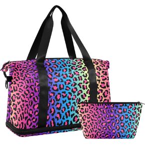 حقيبة Weekender للنساء ، قوس قوس قزح Leopard Cheetah Gym Bag Sports Duffle Bag Bag Bag مع حقيبة أحذية الأثارة الجافة/الفصل الرطب كيس السباحة