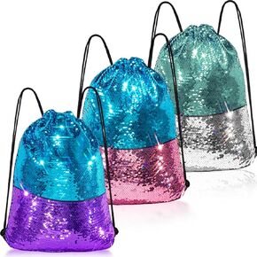 Kacctyen 3 Pack Sparkly Drawstring Backpack Mermaid Sequin Dance Bag Sports Gym Drawstring Bags Glitter Beach Swim Backpack Draw String Gifts Bag for Princess Dress up Clothes Costume Party Birthday