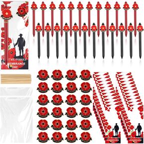 24 Sets Remember Memorial Day Gifts-24 Red Black Poppy Brooch Pins Lest We Forget Enamel Lapel Pin Veterans Day Memorial Day Lapel Pin Souvenir Brooch Badge, 24 Poppy Ballpoint Pens and Cards