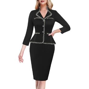 VFSHOW Womens Work Business V Neck Buttons Vintage Church Office Lapel Collared Peplum Pencil Sheath Dress