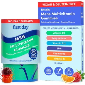 FIRST DAY Multivitamin for Men + Organic Fruit & Veggie Blend, Mens Multivitamins Gummies with 13 Key Nutrients for Energy, Focus, Immunity - Vitamins A, B1, B2, B6, B9, B12, C, D3, K - 30 Day Supply