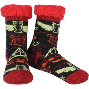Harry Potter Women's Hogwarts Icons Knit Fleece Lined Slipper Crew Socks Shoe Size 5-10 For Men And Women
