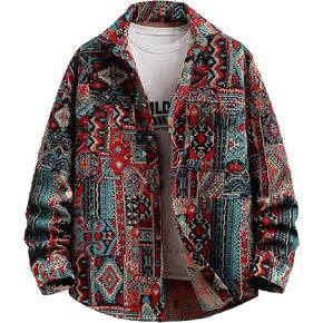 Aztec Shacket Fall Jacket Brocade Jacquard Ethnic Plaid Print Button Down Shirt Casual Spring mid-Weight Coat