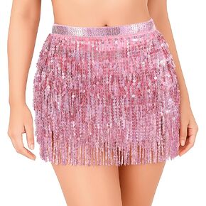 Belly Dance Skirt, Sequin Tassel Skirt Wrap Sparkly Tinsel Fringe Skirts with Sequins and Coins, Performance Costume for Women(Pink)