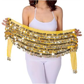 Wuchieal Skirt, Yellow Tribal Dance Belt with Gold Coins, Chiffon Skirt for Dancers, Performers, Costume Enthusiasts