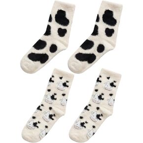 2 Pairs Cute Cartoon Cow Socks for Women - Fuzzy Plush Mid-Calf Socks for Winter Warmth and Comfort