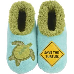 Snoozies Pairable Slipper Socks - Funny House Slippers for Women, Non-Slip Fuzzy Slipper Socks - Save The Turtles -X- Large