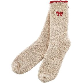 Bella Ultra Soft Plush Slipper Sock in Ornament for Gift Basket or Stocking Stuffer, Plush Polyester White With Green Bow, One Size Fits Most