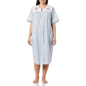 AmeriMark Women Calf-Length Snap Front Knit Duster House Coat Robe – Loose-Fitting Plush Bathrobe - Short Sleeve Bath Robe French Blue - XL