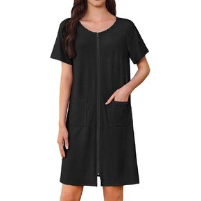 Ekouaer Women's Zipper Robe Short Sleeves Swiss Dots Housecoat Zip Up Bathrobe Soft Nightgown with Pockets S-3XL
