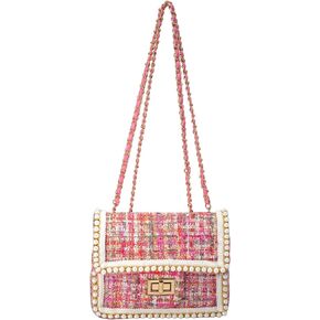 Crossbody Bag Clutch for Women Small Handbag Vintage Tweed Pearl Chain Purse Evening Satchel Shoulder Bag Cross body