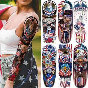 Military Temporary Tattoo Sleeves, Full Arm Large War Soldier Fake Tattoos Sleeve For Men Women Adult, Black Long Lasting Patriotic Warrior Temp Tatoo Sticker Leg Body Art Makeup, 6-Sheet