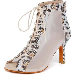 SWDZM Womens Rhinestones Ballroom Dance Booties Open Toe Lace up Ankle Latin Salsa Professional Dancing Heels Boots