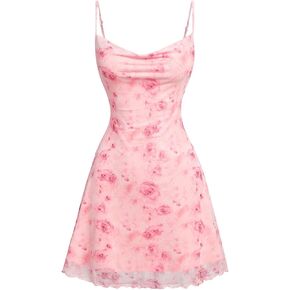 GORGLITTER Girl's Floral Dress Mesh Sleeveless Mini Dresses Cowl Neck Strappy Short Dresses Cute Coquette Summer Dress