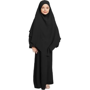 ODIZLI Kids Girls Ramadan Abaya Muslim Long Sleeve Hijab Chiffon Dress Dubai Kaftan with Pockets