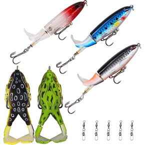 Top Water Bass Fishing Lure Kit, Plopping Propeller Tail Bigger Splash Whopping, Soft Plastic Frog Bait 3D Eyes Lifelike Body Pattern, for Bass Snakehead Musky Pike Walleye, 5 pcs in Kuwait