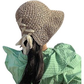 Women Summer Beach Straw Hat with Lace Strap Foldable Wide Brim Floppy Sun Hat Travel Bucket Cap