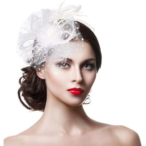 Fascinators Hats Tea Party Hats White Flower Mesh Beaded Feathers with Headband with Clips Women's Fascinator Fashion Cocktail Hair Clip 1920s Accessories for Women