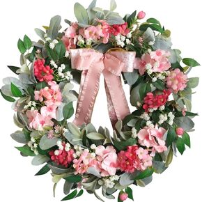 22" Summer Wreath with Hydrangea Lamb's Leaves, Summer Floral Wreaths with Ribbon Bow for Front Door Wall Window and Holiday Festival Party Banquet Wedding Decor