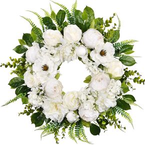 Spring Flower Wreath for Front Door, 20 Inch Hydrangea Door Wreath with White Berries, Summer Eucalyptus Wreaths for Front Door Outside All Season, Farmhouse, Indoor Outdoor Wall Decor