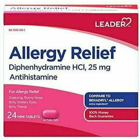 Leader Antihistamine Allergy Relief Diphenhydramine HCl, 25mg Mini Tablets, 24 Count