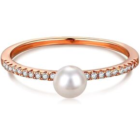 Simple Pearl Rings for Women, 14K Rose Gold Plated Silver Cubic Zirconia Stackable Ring White Pearl Engagement Ring Anniversary Birthday Valentine's Day Gifts for Her Wife Girlfriend