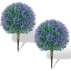 25.6" Artificial Lavender Topiary Ball Plants, 2 Pack Faux Bushes with Spike – UV Resistant & Fade Resistant Artificial Shrubs, Fake Evergreen Trees for Indoor Outdoor Front Porch Garden