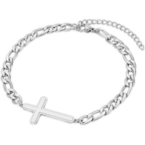 Silver Cross Bracelet for Men Teens, Stainless Steel Cuban/Figaro Cross Chain Link Bracelet 5mm 7+2 Inches, Christian Religious Jesus Confirmation Jewelry Gifts for Him
