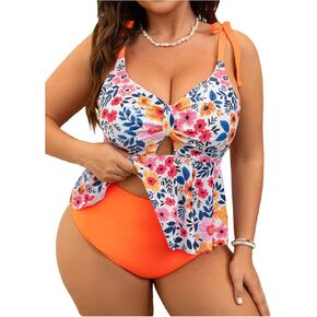 Women's Plus Size 2 Piece Floral Tankini Sets High Waisted Bathing Suit Ruffle Hem Swimsuit Cut Out Beachwear