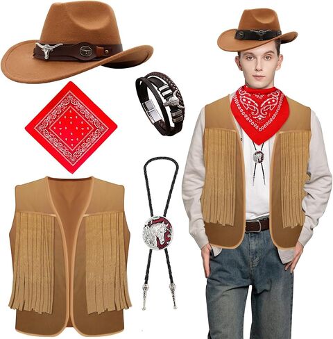 Cowboy Costume Men Western Cowboy Hat Costume for Men with Western Hat Necktie Bracelet Bandana in Saudi Arabia
