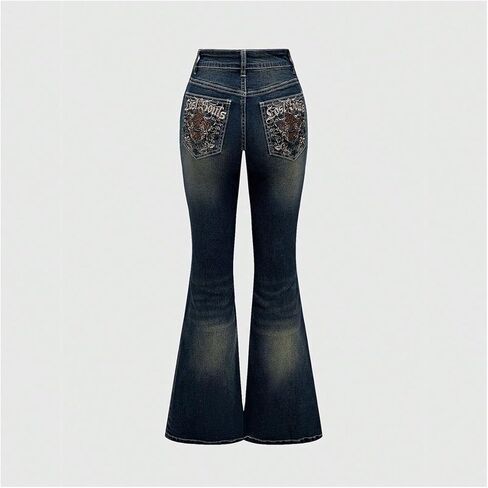 MakeMeChic Women's Bell Bottom Jeans Flare Jeans Embroidered Y2K High Waist Pants in Saudi Arabia