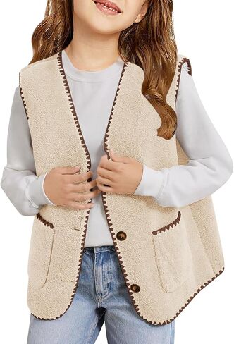 Minclouse Girls Fleece Vest Olcyless Button Down Sherpa سترة ألوان خارجي لطيف مع جيوب للأطفال in Kuwait