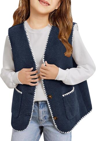 Minclouse Girls Fleece Vest Olcyless Button Down Sherpa سترة ألوان خارجي لطيف مع جيوب للأطفال in Kuwait