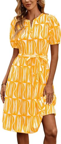 DIRASS Womens Summer Dresses 2025 Puff Sleeve Henley Neck Tie Waist Knee-Length Casual Shirt Dress with Pockets in Saudi Arabia