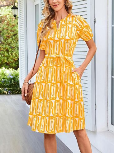 DIRASS Womens Summer Dresses 2025 Puff Sleeve Henley Neck Tie Waist Knee-Length Casual Shirt Dress with Pockets in Saudi Arabia