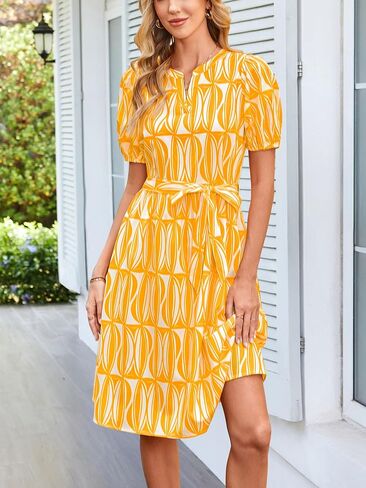 DIRASS Womens Summer Dresses 2025 Puff Sleeve Henley Neck Tie Waist Knee-Length Casual Shirt Dress with Pockets in Saudi Arabia