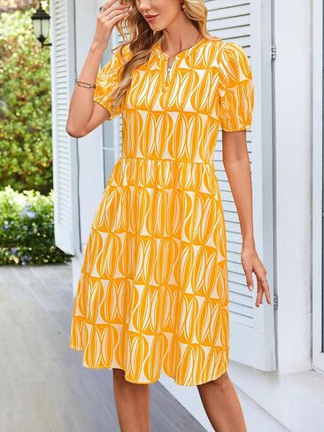 DIRASS Womens Summer Dresses 2025 Puff Sleeve Henley Neck Tie Waist Knee-Length Casual Shirt Dress with Pockets in Saudi Arabia
