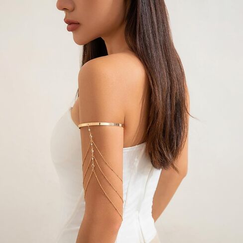 Gold Arm Cuff for Women Layered Crystal Tassel Upper Arm Cuff Multi-layered Bikini Rhinestone Armlet Adjustable Stackable Minimalist Armband Summer Beach Jewelry in Saudi Arabia