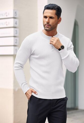 COOFANDY Mens Knit Henley Sweater Long Sleeve Button Down Lightweight Sweater Fall Slim Fit Ribbed Pullover in Saudi Arabia