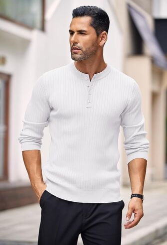 COOFANDY Mens Knit Henley Sweater Long Sleeve Button Down Lightweight Sweater Fall Slim Fit Ribbed Pullover in Saudi Arabia