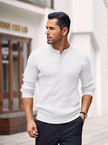 COOFANDY Mens Knit Henley Sweater Long Sleeve Button Down Lightweight Sweater Fall Slim Fit Ribbed Pullover in Saudi Arabia