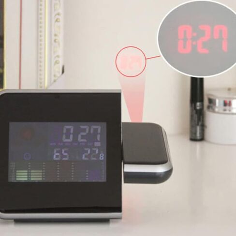Projection Alarm Clock, Projector Clock for Bedroom Ceiling, Digital Projection Clock, with Sensor, Adjustable Backlight, Indoor Outdoor Temperature Humidity (Black) in Saudi Arabia