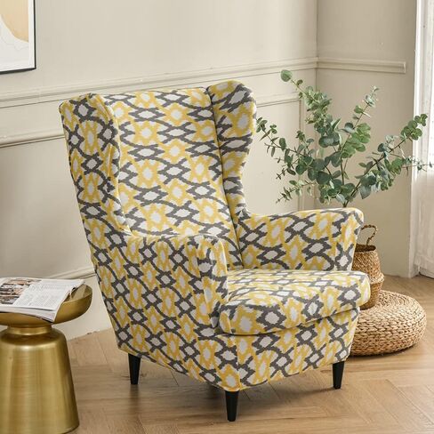 Wing Chair Slipcovers, 2 Piece Geometric Printed Wingback Chair Cover Stretch Spandex Armchair Covers with Elastic Bottom for Living Room Bedroom (Yellow) in Kuwait