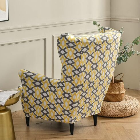 Wing Chair Slipcovers, 2 Piece Geometric Printed Wingback Chair Cover Stretch Spandex Armchair Covers with Elastic Bottom for Living Room Bedroom (Yellow) in Kuwait